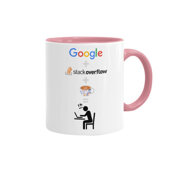Google + Stack overflow + Coffee, Κούπα χρωματιστή ροζ, κεραμική, 330ml