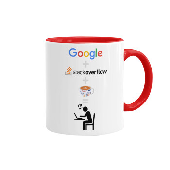 Google + Stack overflow + Coffee, Κούπα χρωματιστή κόκκινη, κεραμική, 330ml