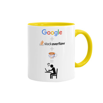 Google + Stack overflow + Coffee, Κούπα χρωματιστή κίτρινη, κεραμική, 330ml