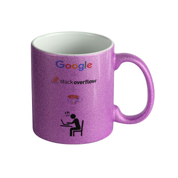 Google + Stack overflow + Coffee, Κούπα Μωβ Glitter που γυαλίζει, κεραμική, 330ml