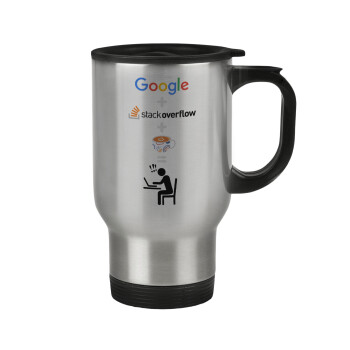 Google + Stack overflow + Coffee, Κούπα ταξιδιού ανοξείδωτη με καπάκι, διπλού τοιχώματος (θερμό) 450ml