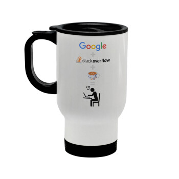 Google + Stack overflow + Coffee, Κούπα ταξιδιού ανοξείδωτη με καπάκι, διπλού τοιχώματος (θερμό) λευκή 450ml