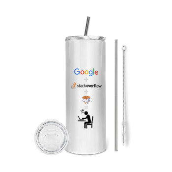 Google + Stack overflow + Coffee, Eco friendly ποτήρι θερμό (tumbler) από ανοξείδωτο ατσάλι 600ml, με μεταλλικό καλαμάκι & βούρτσα καθαρισμού