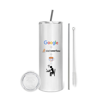 Google + Stack overflow + Coffee, Tumbler stainless steel 600ml, with metal straw & cleaning brush