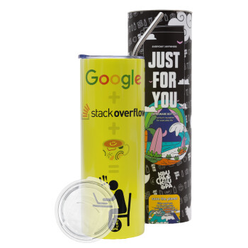 Google + Stack overflow + Coffee, Neon Yellow Travel Tumbler θερμό, μεταλλικό καλαμάκι(Ανωξείδωτο 304 Food grade, BPA free, 600ml)