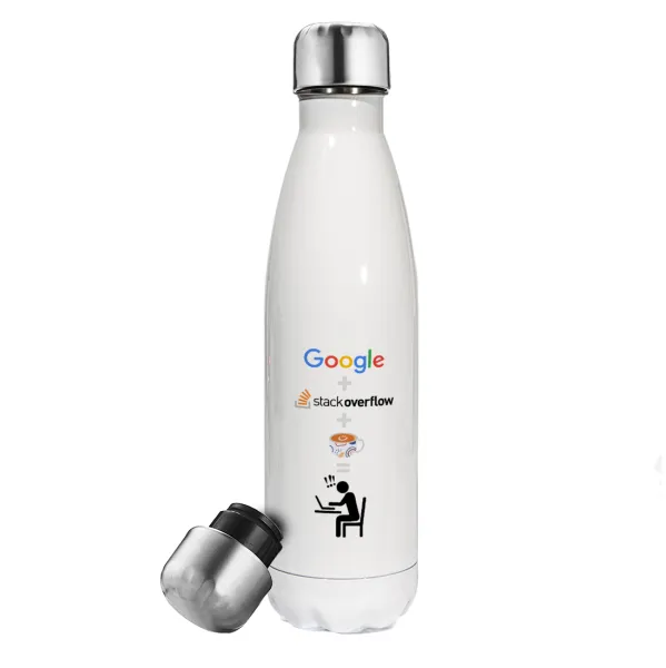 Google + Stack overflow + Coffee — Metal mug thermos White (Stainless steel), double wall, 500ml