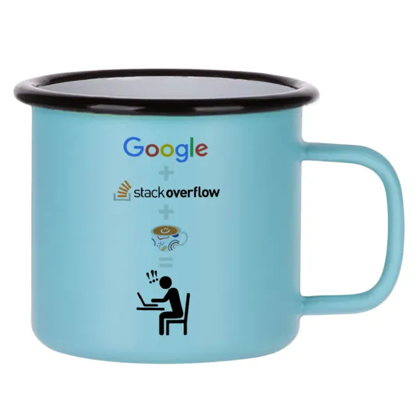Google + Stack overflow + Coffee — Κούπα Μεταλλική εμαγιέ ΜΑΤ σιέλ 360ml