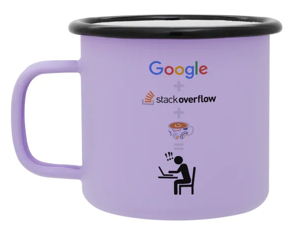 Google + Stack overflow + Coffee — Metal enamel mug, matte light pastel purple, 360ml