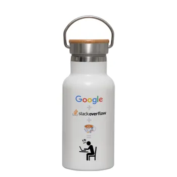 Google + Stack overflow + Coffee, Metallic thermos (Stainless steel) White with wooden lid (bamboo), double-walled, 350ml