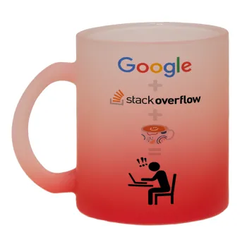 Google + Stack overflow + Coffee, Κούπα γυάλινη δίχρωμη με βάση το κόκκινο ματ, 330ml