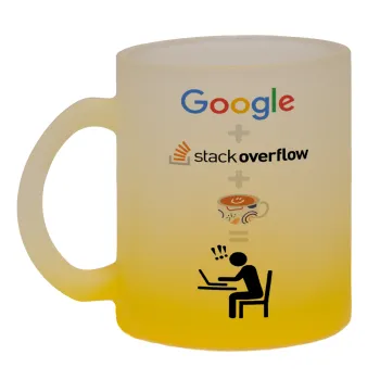 Google + Stack overflow + Coffee, Κούπα γυάλινη δίχρωμη με βάση το κίτρινο ματ, 330ml