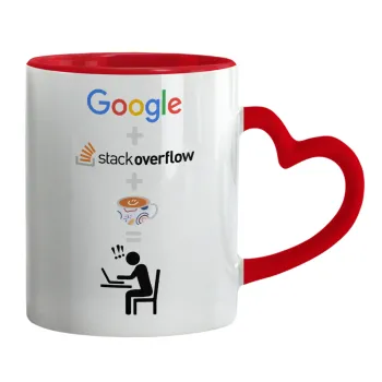 Google + Stack overflow + Coffee, Mug heart red handle, ceramic, 330ml