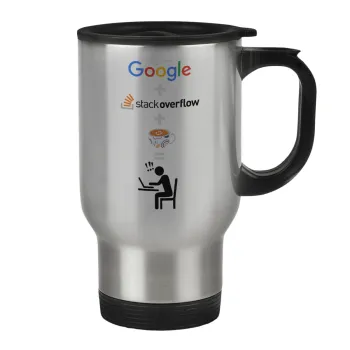 Google + Stack overflow + Coffee, Κούπα ταξιδιού ανοξείδωτη με καπάκι, διπλού τοιχώματος (θερμό) 450ml