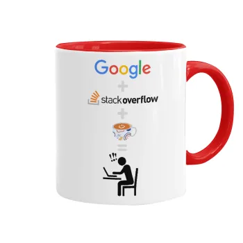 Google + Stack overflow + Coffee, Κούπα χρωματιστή κόκκινη, κεραμική, 330ml