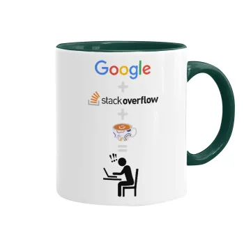 Google + Stack overflow + Coffee, Mug colored green, ceramic, 330ml