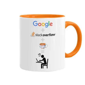 Google + Stack overflow + Coffee, Κούπα χρωματιστή πορτοκαλί, κεραμική, 330ml