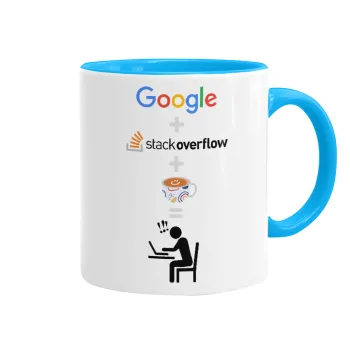 Google + Stack overflow + Coffee, Mug colored light blue, ceramic, 330ml