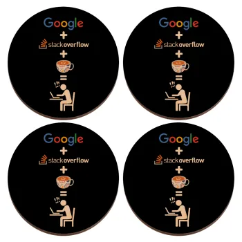 Google + Stack overflow + Coffee, ΣΕΤ x4 Σουβέρ ξύλινα στρογγυλά plywood (9cm)