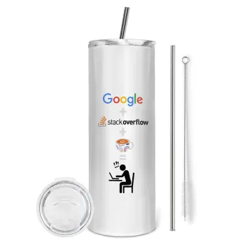 Google + Stack overflow + Coffee, Tumbler ποτήρι θερμό από ανοξείδωτο ατσάλι 600ml, με μεταλλικό καλαμάκι & βούρτσα καθαρισμού