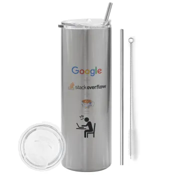 Google + Stack overflow + Coffee, Tumbler ποτήρι θερμό Ασημένιο από ανοξείδωτο ατσάλι 600ml, με μεταλλικό καλαμάκι & βούρτσα καθαρισμού