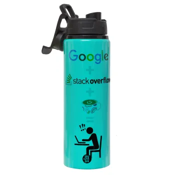 Google + Stack overflow + Coffee, Μεταλλικό παγούρι νερού με καπάκι ασφαλείας, αλουμινίου 850ml