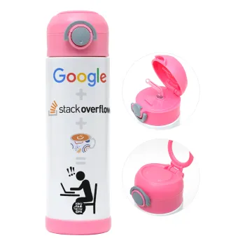 Google + Stack overflow + Coffee, Παιδικό παγούρι θερμό, ανοξείδωτο, με καλαμάκι ασφαλείας, ΡΟΖ (500ml)