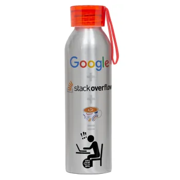 Google + Stack overflow + Coffee, Αλουμινένιο Αθλητικό Μπουκάλι 650ml – Ασημί με Κόκκινο Καπάκι και Λουράκι Σιλικόνης