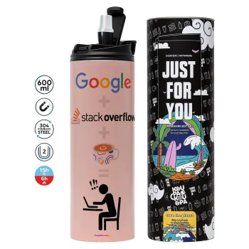 Google + Stack overflow + Coffee, Tumbler stainless steel PINK 600ml