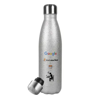 Google + Stack overflow + Coffee, Μεταλλικό παγούρι θερμός Glitter Aσημένιο (Stainless steel), διπλού τοιχώματος, 500ml