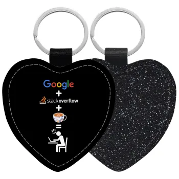 Google + Stack overflow + Coffee, Μπρελόκ PU δερμάτινο glitter καρδιά ΜΑΥΡΟ