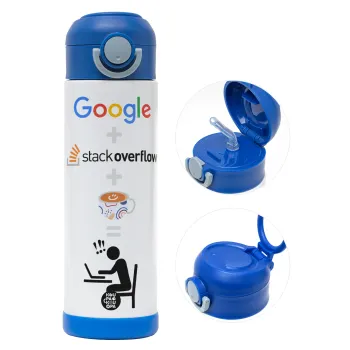 Google + Stack overflow + Coffee, Παιδικό παγούρι θερμό, ανοξείδωτο, με καλαμάκι ασφαλείας, ΜΠΛΕ (500ml)