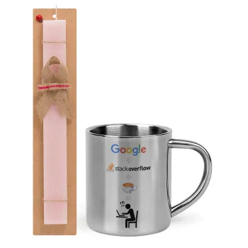 Google + Stack overflow + Coffee, Easter Set, metallic thermal cup (300ml) & aromatic flat Easter candle (30cm) (PINK)