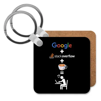 Google + Stack overflow + Coffee, Μπρελόκ Ξύλινο τετράγωνο MDF