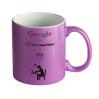 Google + Stack overflow + Coffee, Κούπα Μωβ Glitter που γυαλίζει, κεραμική, 330ml