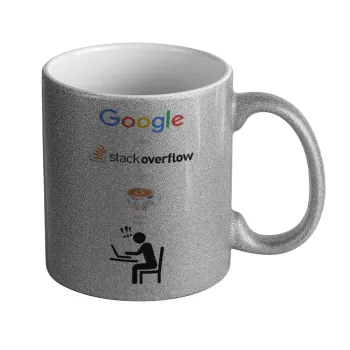Google + Stack overflow + Coffee, Κούπα Ασημένια Glitter που γυαλίζει, κεραμική, 330ml
