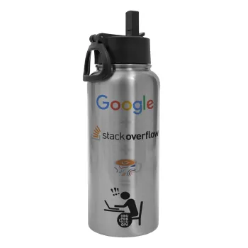 Google + Stack overflow + Coffee, Metal mug thermo Silver with Straw and Spout Lid (Stainless steel), double wall, 950ml