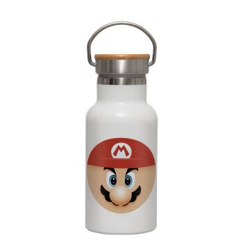 Super mario flat, Μεταλλικό παγούρι θερμός (Stainless steel) Λευκό με ξύλινο καπακι (bamboo), διπλού τοιχώματος, 350ml