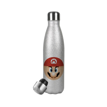 Super mario flat, Μεταλλικό παγούρι θερμός Glitter Aσημένιο (Stainless steel), διπλού τοιχώματος, 500ml
