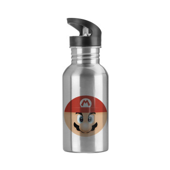 Super mario flat, Water bottle Silver with straw, stainless steel 600ml
