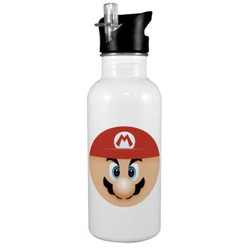Super mario flat, White water bottle with straw, stainless steel 600ml