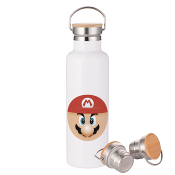 Super mario flat, Stainless steel White with wooden lid (bamboo), double wall, 750ml