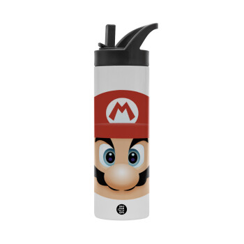 Super mario flat, Metallic thermos bottle with straw & handle, stainless steel (Stainless steel 304), double-walled, 600ml.