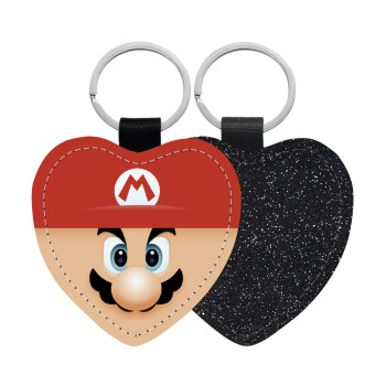 Super mario flat, Μπρελόκ PU δερμάτινο glitter καρδιά ΜΑΥΡΟ