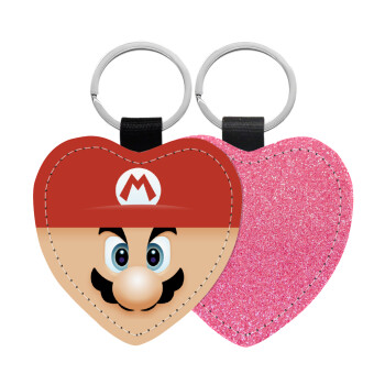 Super mario flat, Μπρελόκ PU δερμάτινο glitter καρδιά ΡΟΖ