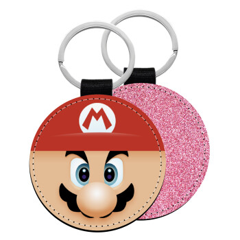 Super mario flat, Μπρελόκ Δερματίνη, στρογγυλό ΡΟΖ (5cm)