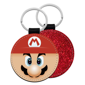Super mario flat, Μπρελόκ Δερματίνη, στρογγυλό ΚΟΚΚΙΝΟ (5cm)