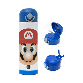 Super mario flat, Children's hot water bottle, stainless steel, with safety straw, BLUE (500ml)