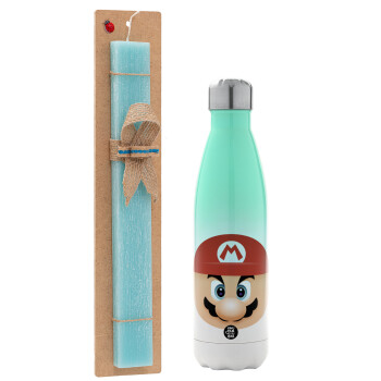 Super mario flat, Easter Set, Metallic green/white thermos (Stainless steel), double-walled, 500ml & scented flat Easter candle (30cm) (TURQUOISE)