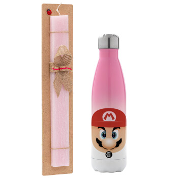 Super mario flat, Easter Set, Metallic pink/white (Stainless steel) thermos, double-walled, 500ml & aromatic flat Easter candle (30cm) (PINK)