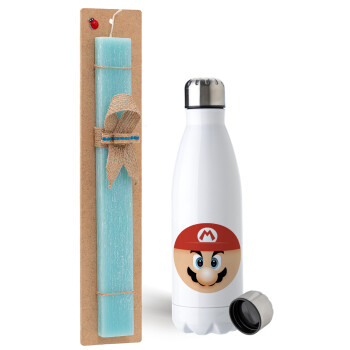 Super mario flat, Easter Set, metallic stainless steel water bottle (750ml) & aromatic flat Easter candle (30cm) (TURQUOISE)